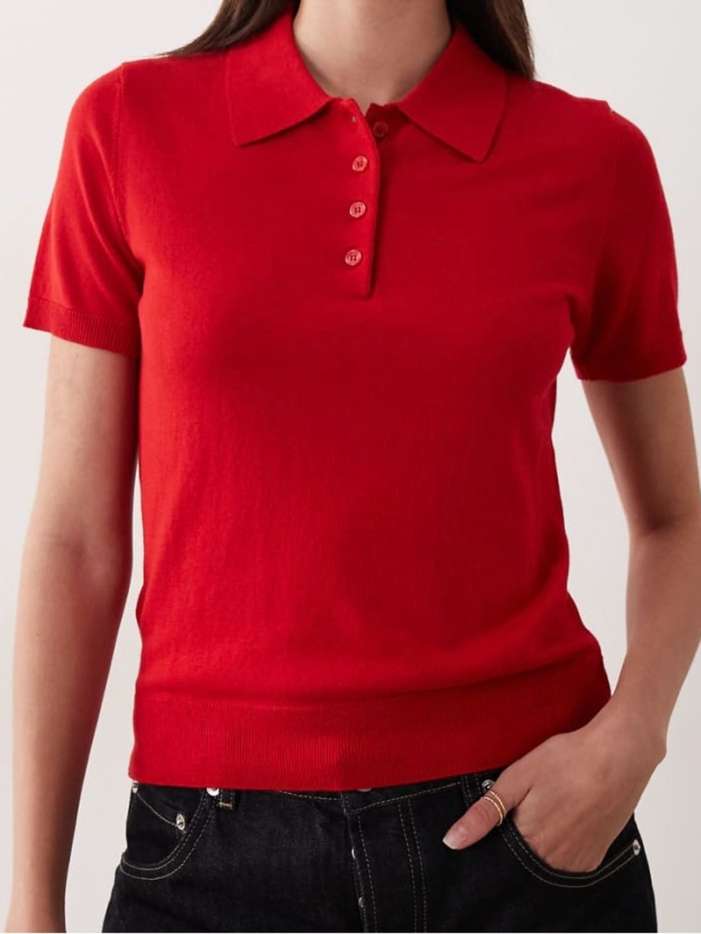MNG Women’s Red Solid Knit Button Front Collared Short Sleeve Polo Size L